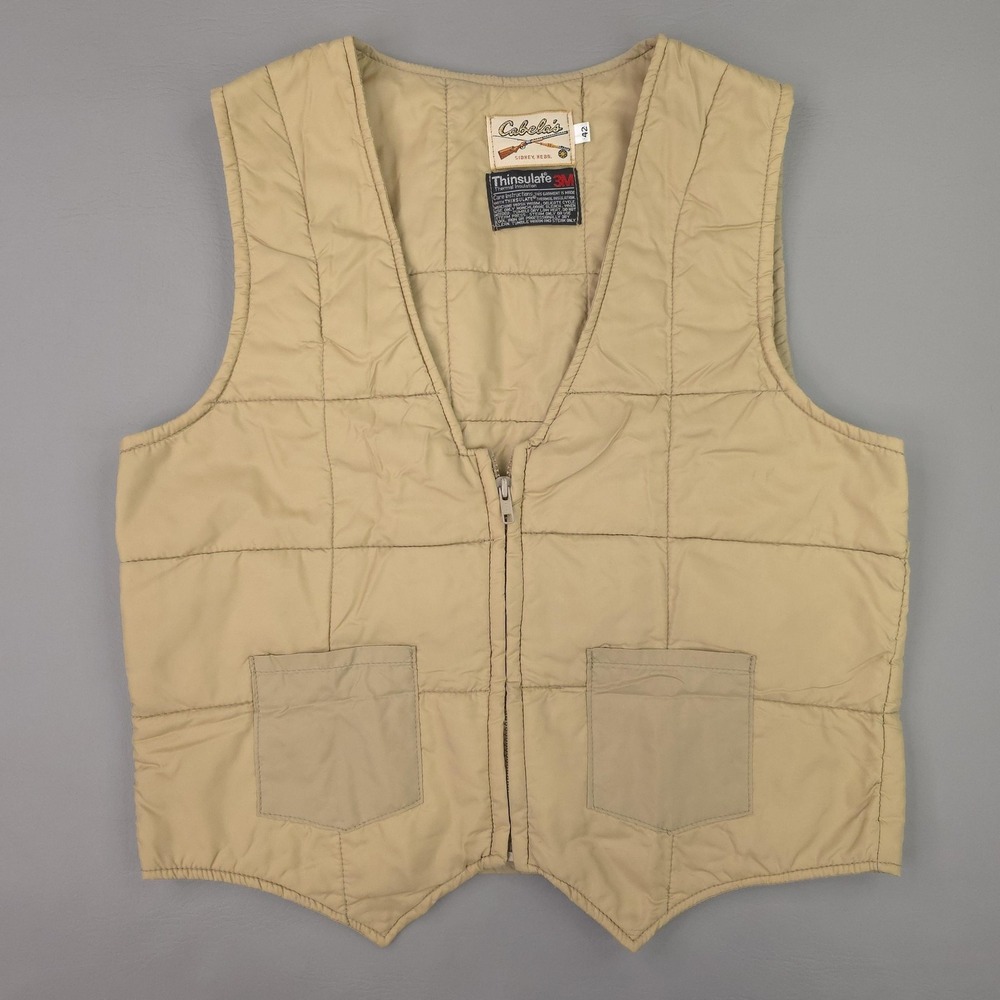 Vtg Cabela's Vest Mens 42 Beige Quilted Thinsulate Insulated Zip Hunting Outdoor